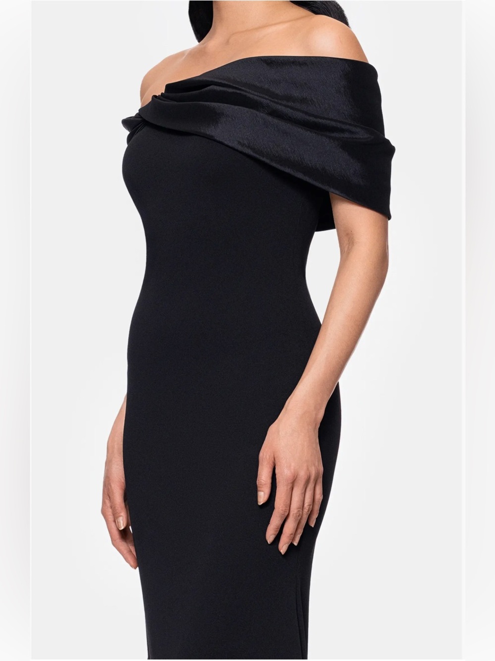 NWT Betsy & Adam Black Off the Shoulder Crepe & Taffeta Sheath Gown Dress - Picture 3 of 8